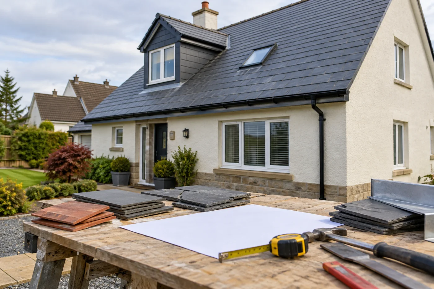 Roofing tools, material samples and a blank plan