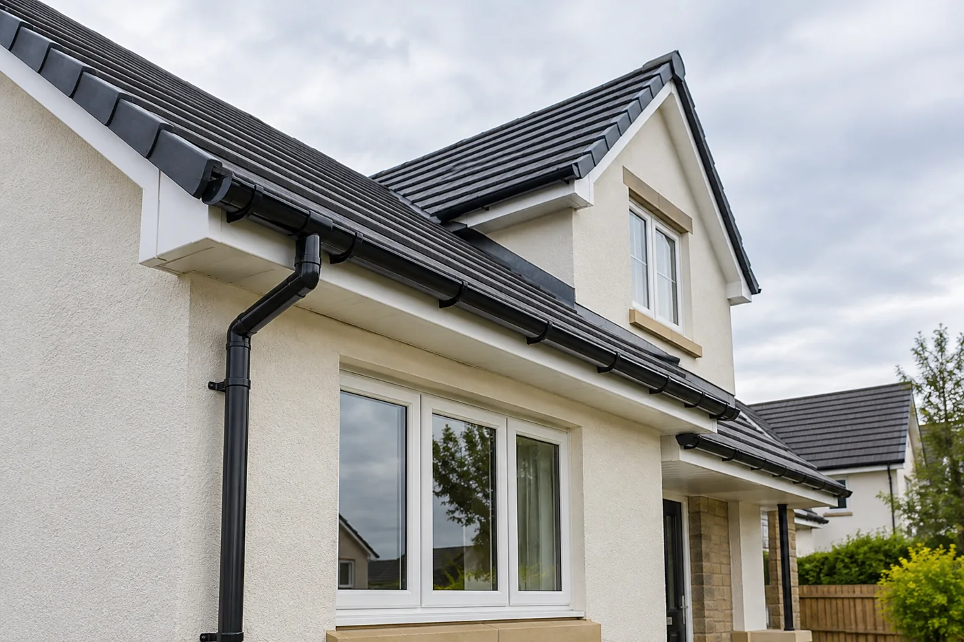 Guttering, fascia and downpipe beneath domestic roof eaves