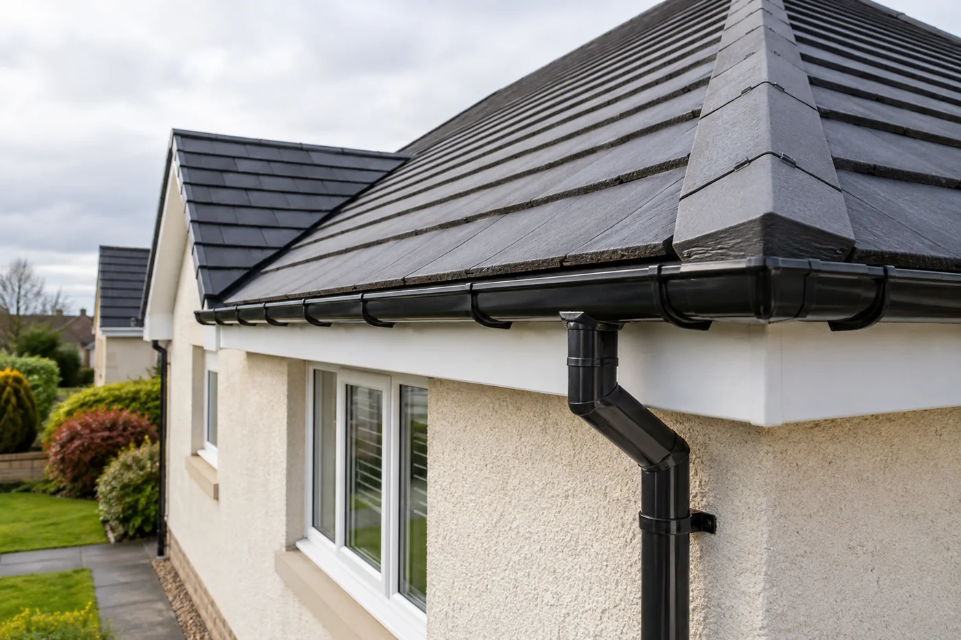 Guttering, fascia and downpipe beneath domestic roof eaves