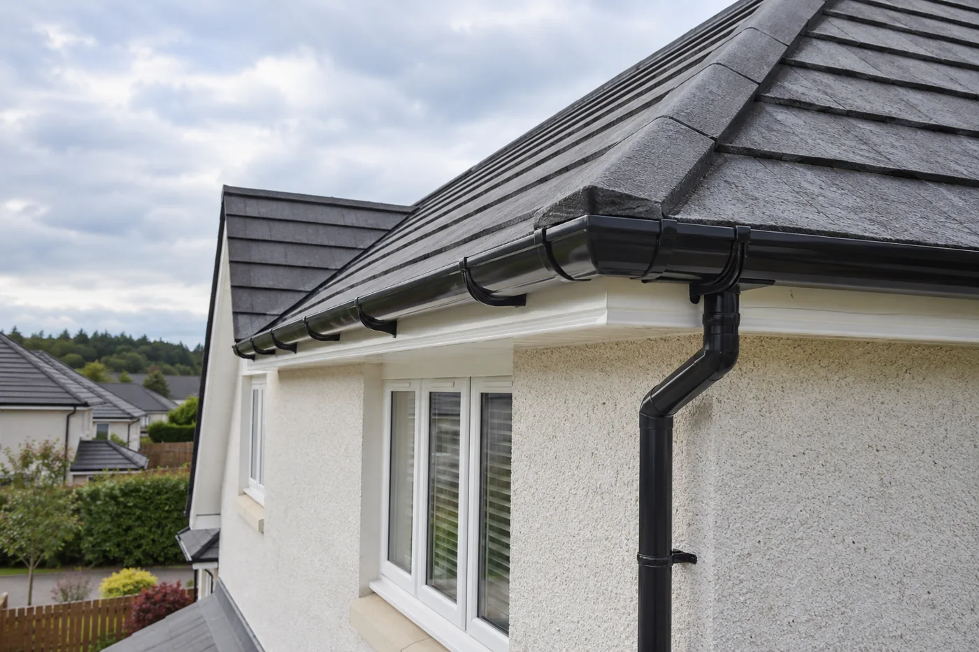 Guttering, fascia and downpipe beneath domestic roof eaves