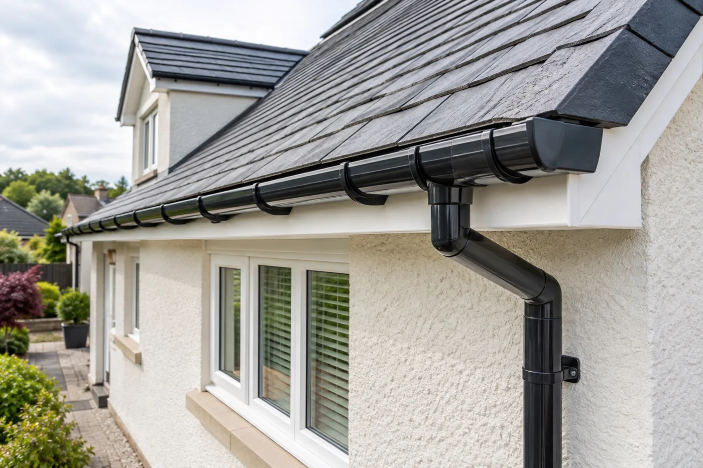 Guttering, fascia and downpipe beneath domestic roof eaves