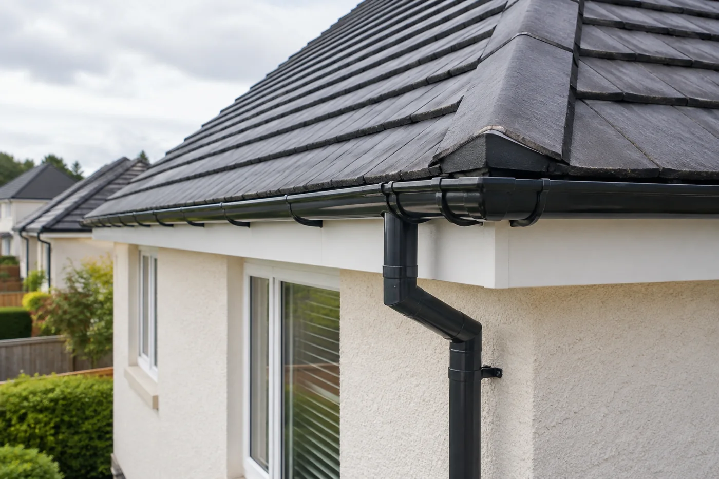 Guttering, fascia and downpipe beneath domestic roof eaves