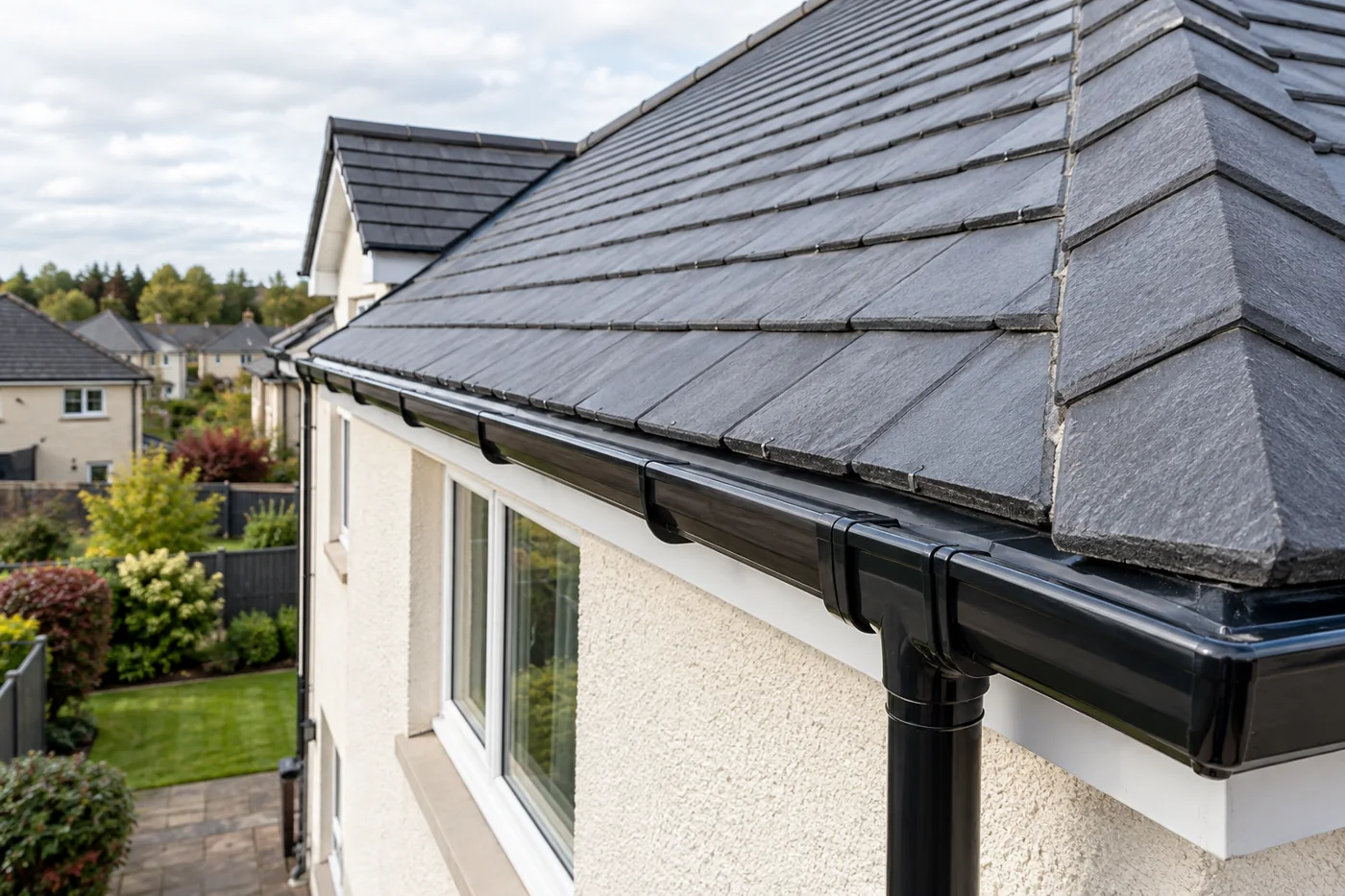 Guttering, fascia and downpipe beneath domestic roof eaves