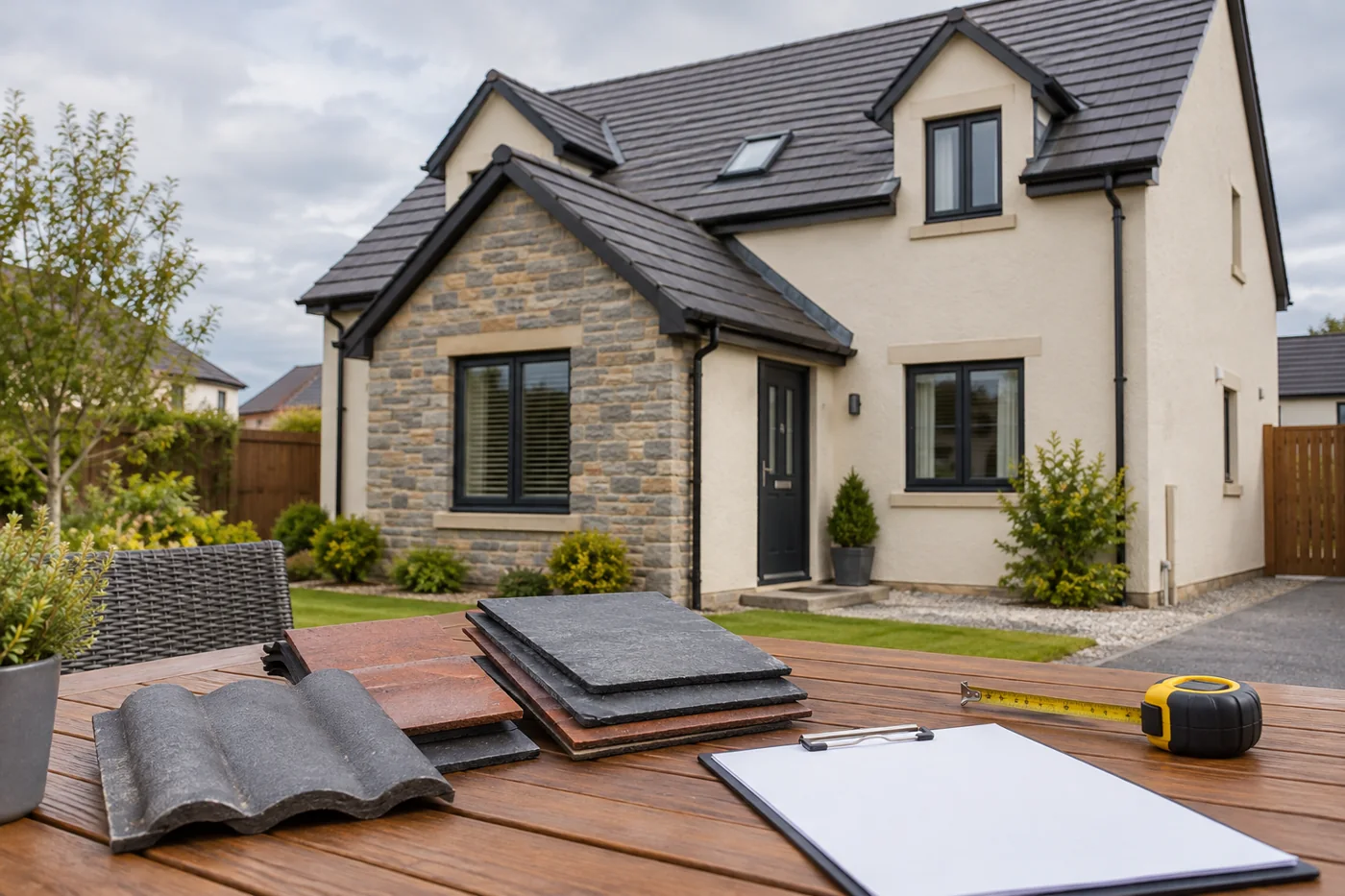 Roofing material samples and measuring tools