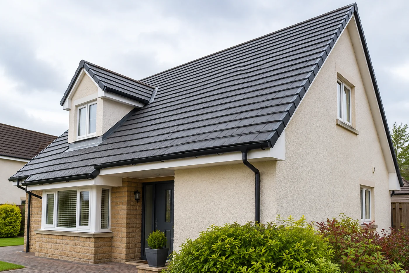 Dark pitched roof with a dormer, chimney and guttering