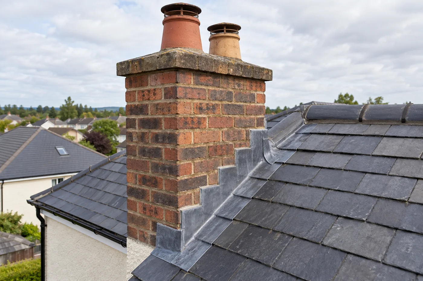 Brick chimney and stepped lead flashing