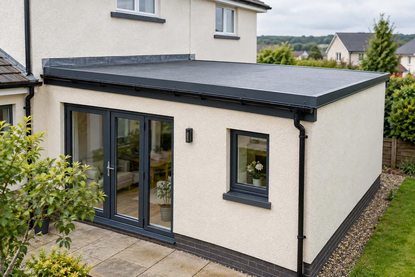 Flat roof extension with perimeter trim