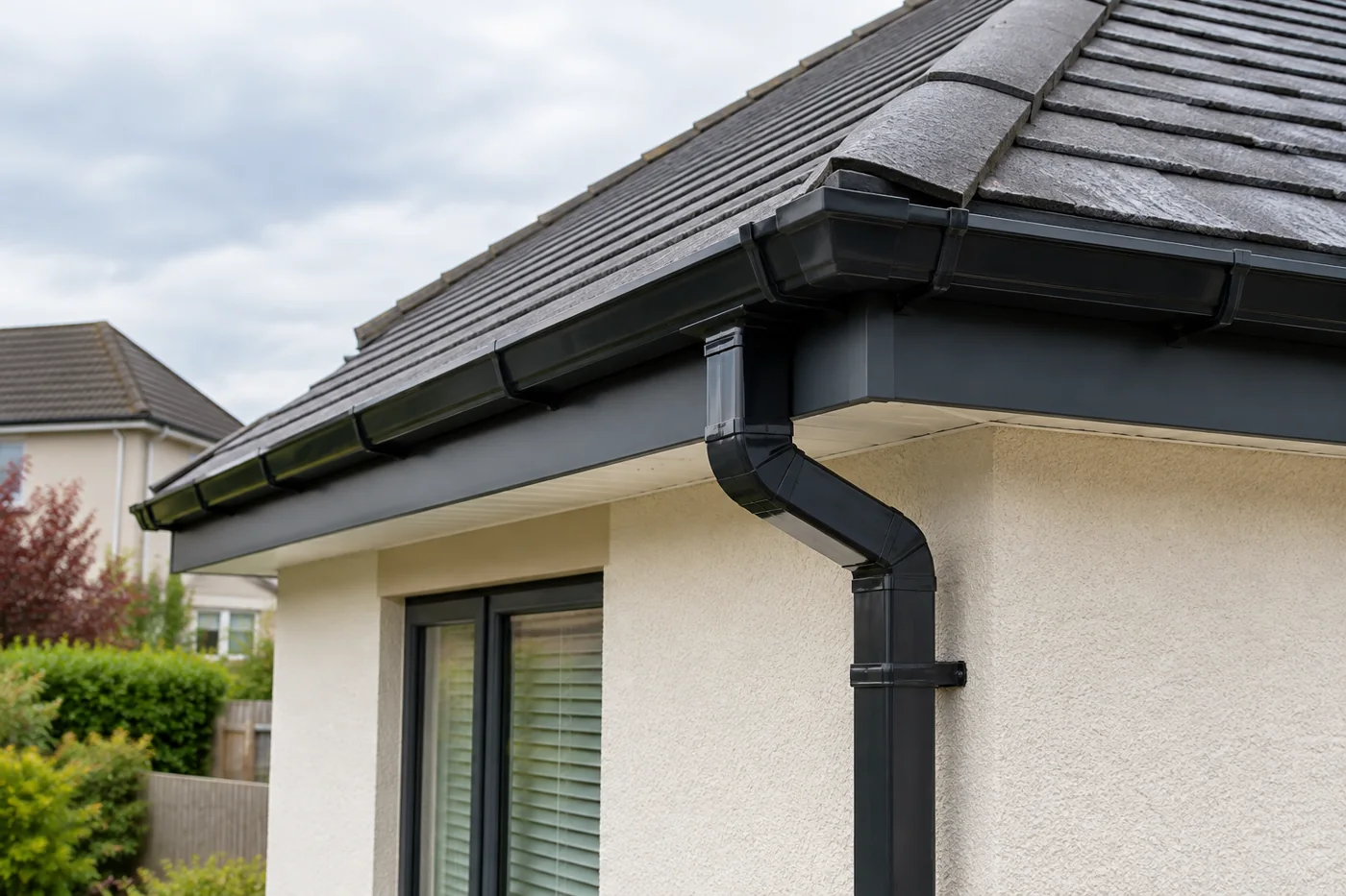 Guttering and fascia beneath domestic eaves