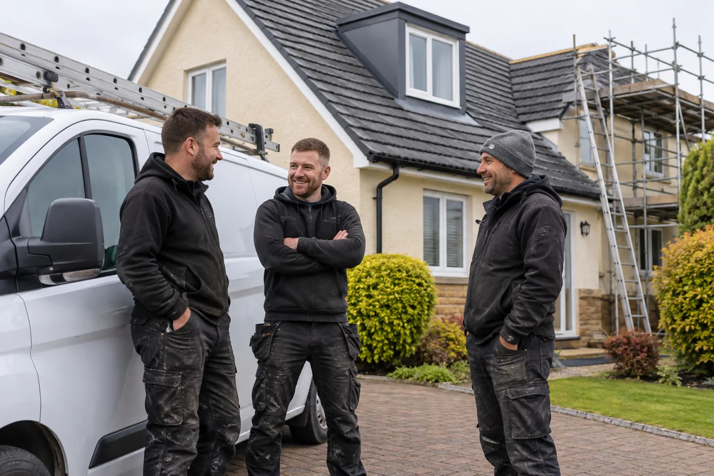 Roofing crew beside a white work van