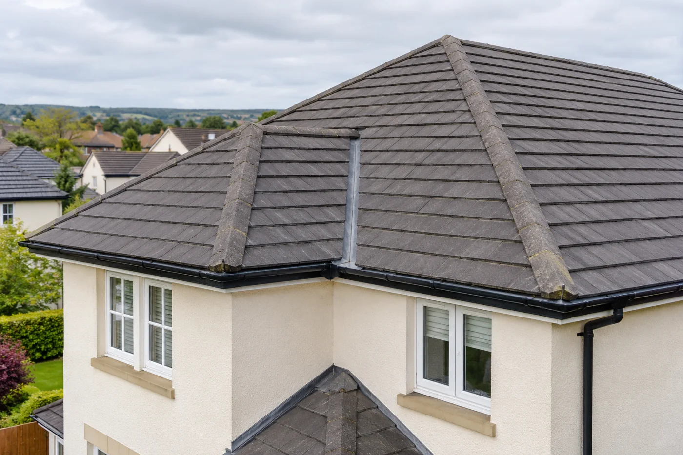 Tiled pitched roof and ridge