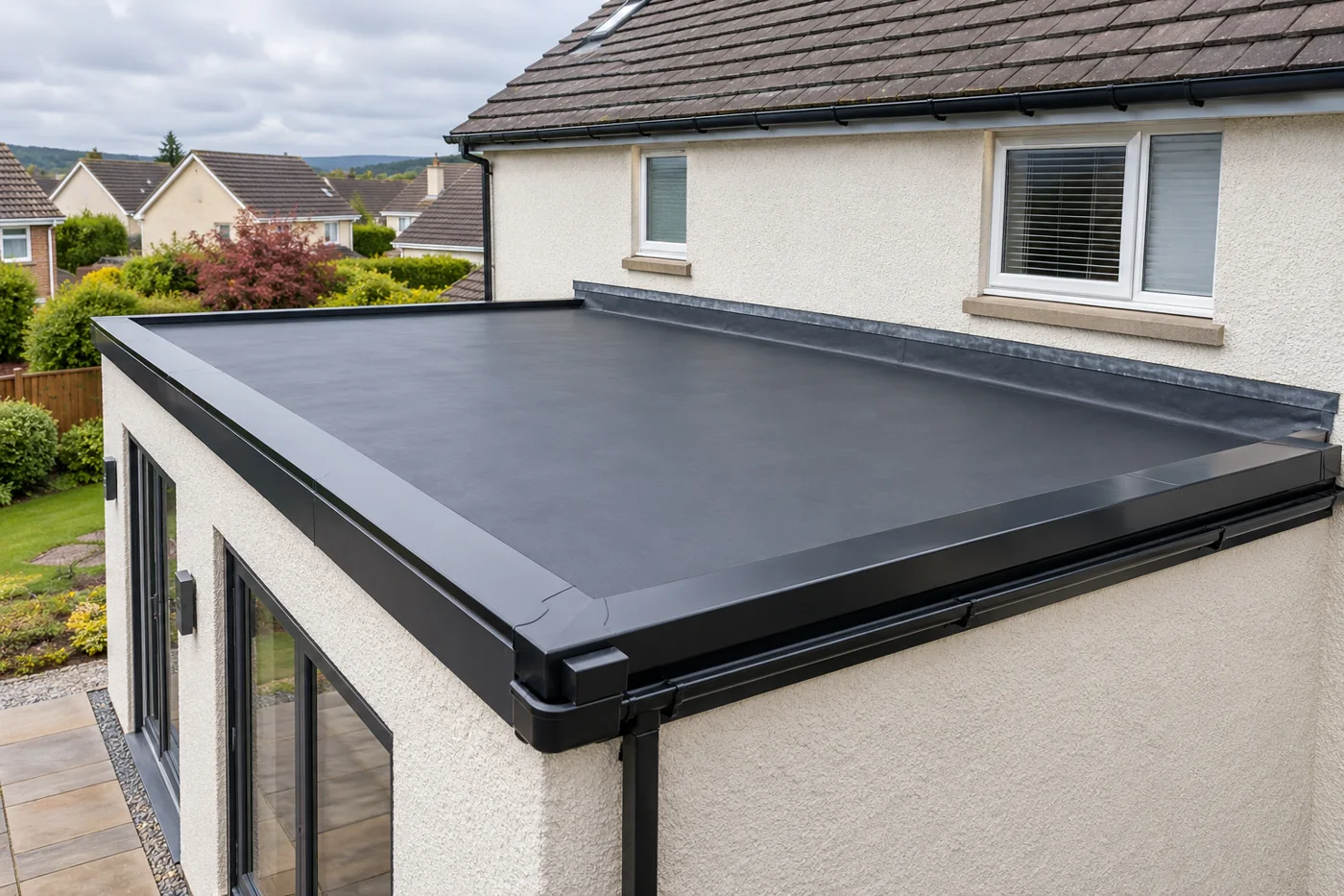 Flat roof extension with dark roof covering