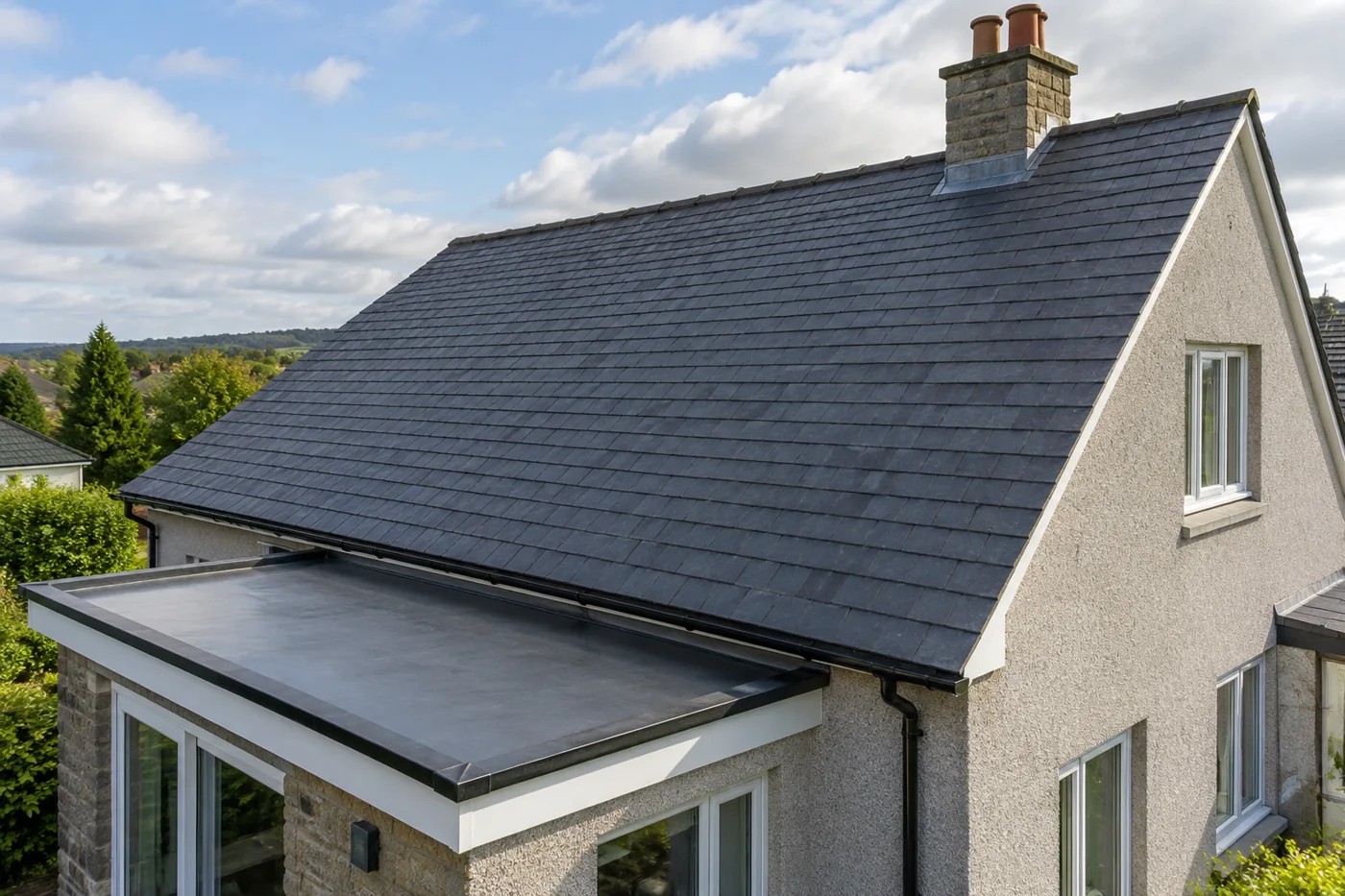 Pitched roof with a domestic flat roof extension