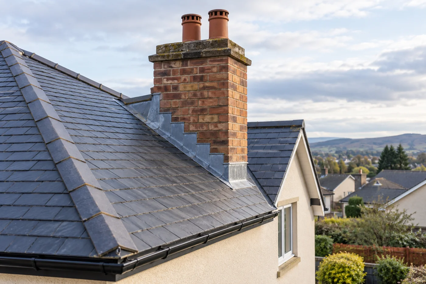 Brick chimney and lead flashing on a pitched roof