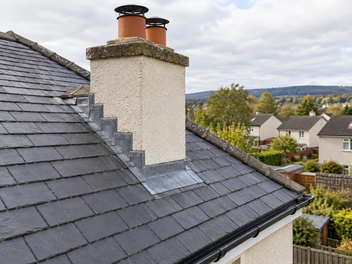 Chimney junction with stepped flashing and slates