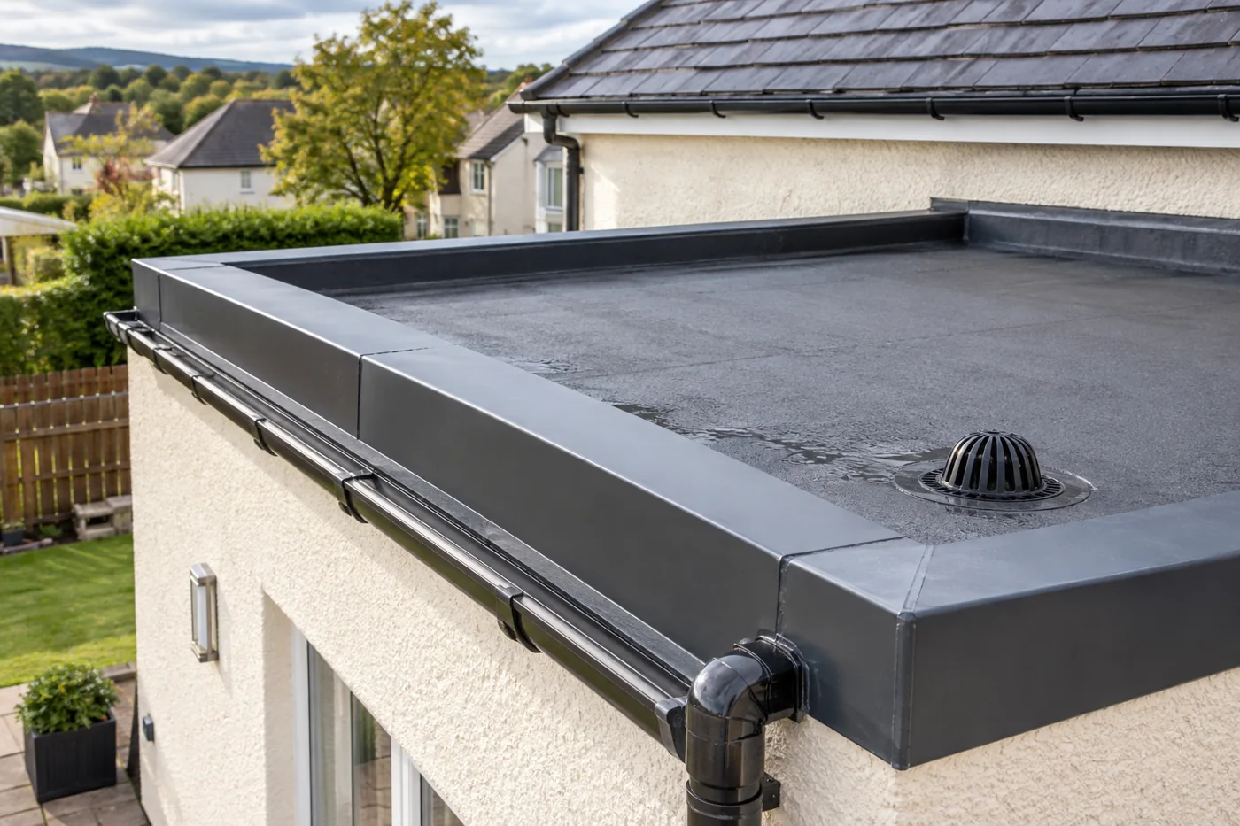 Flat roof perimeter trim and drainage detail