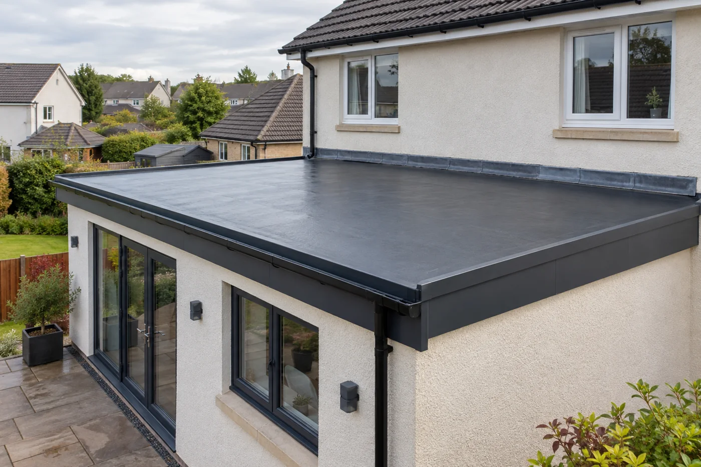 Flat roof extension with dark roof covering