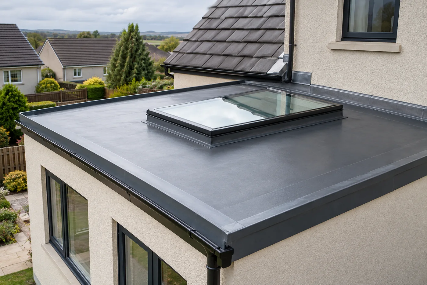 Flat roof with rooflight and wall abutment