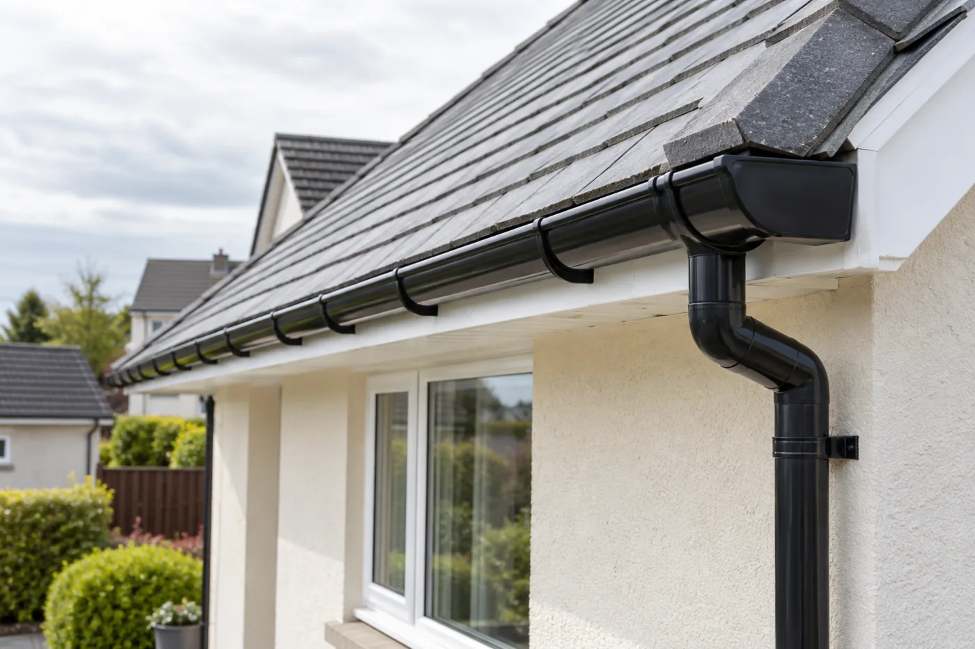 Domestic guttering and downpipe beneath the eaves