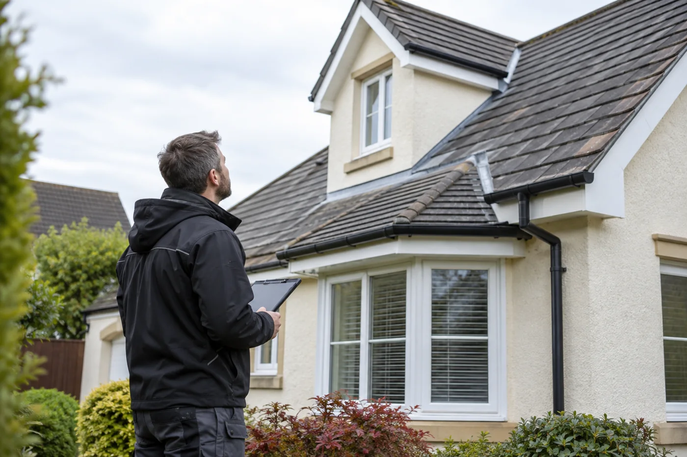 Roofer inspecting a domestic roof from ground level