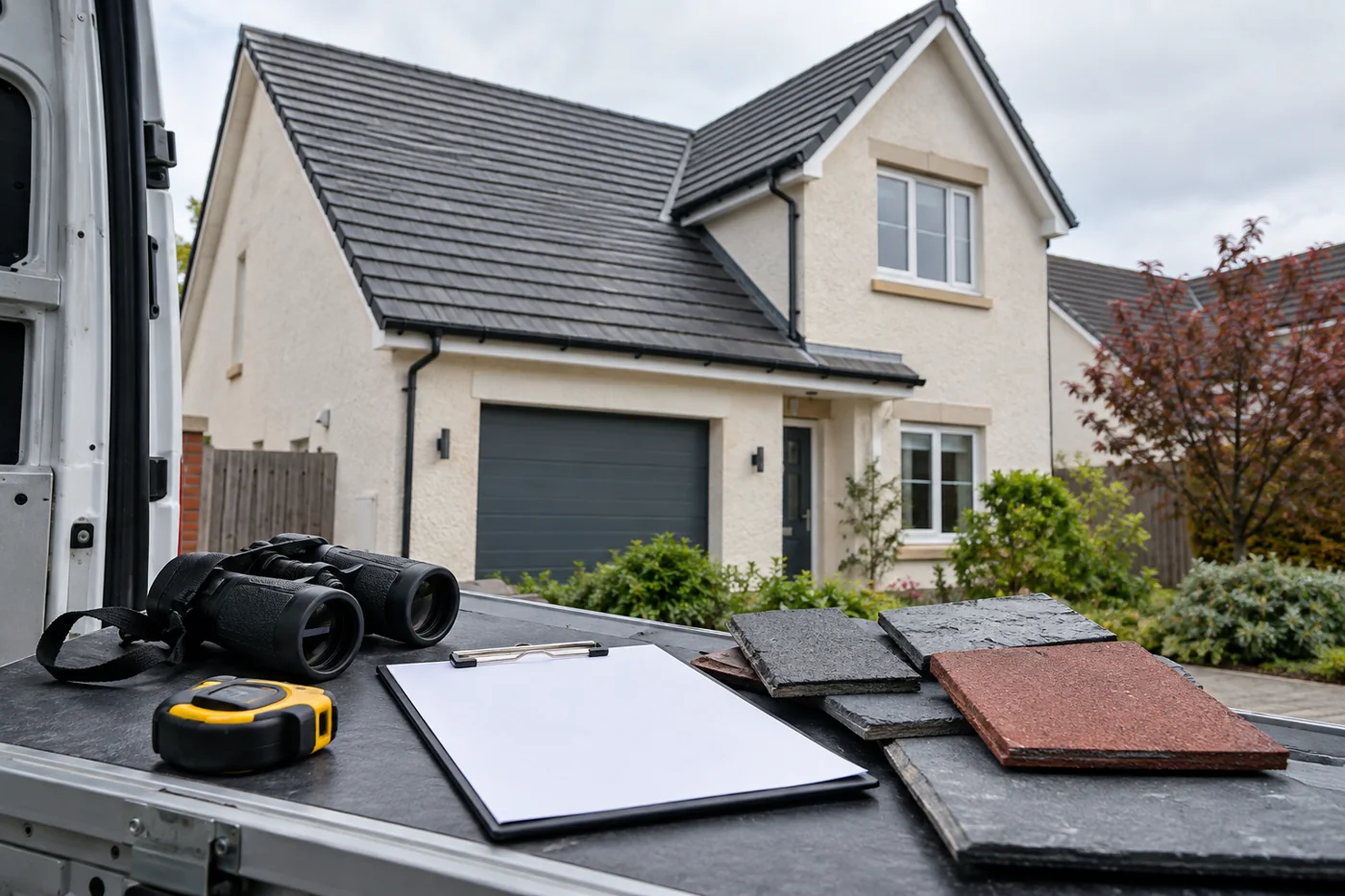 Roof inspection tools and blank clipboard