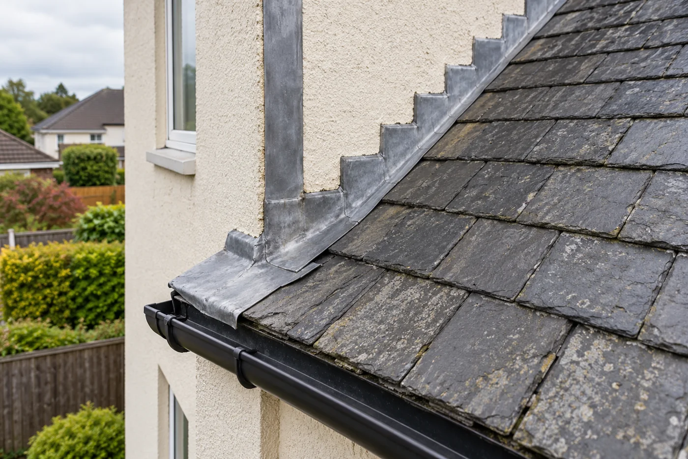 Stepped lead flashing against a rendered wall and slate roof