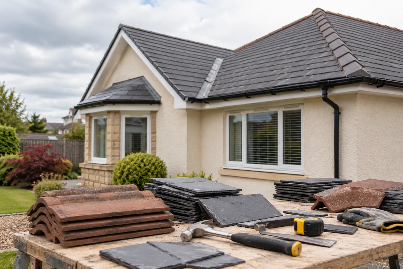 Roofing hand tools with slate and tile samples
