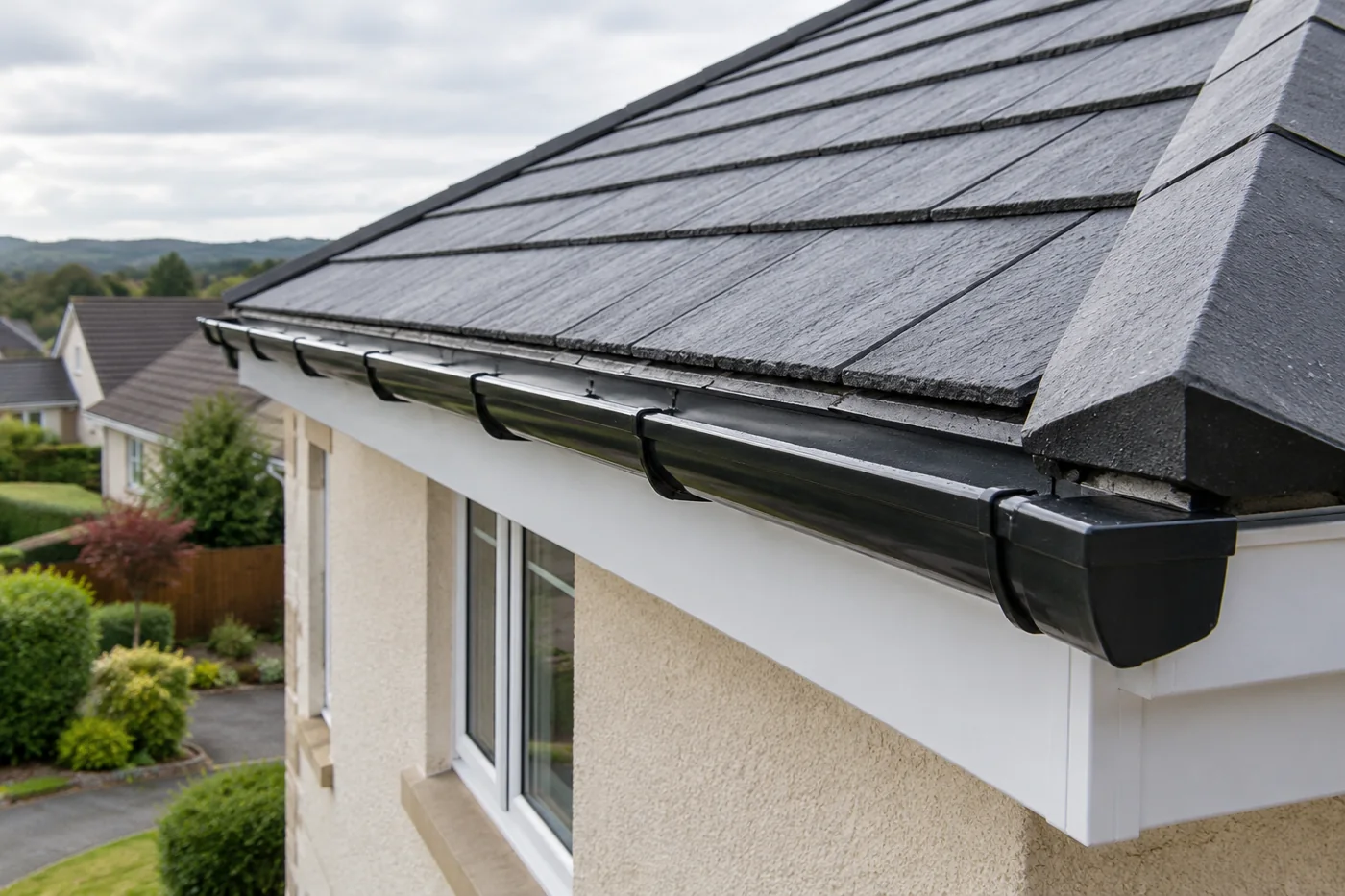 Roof covering, fascia and gutter at the eaves