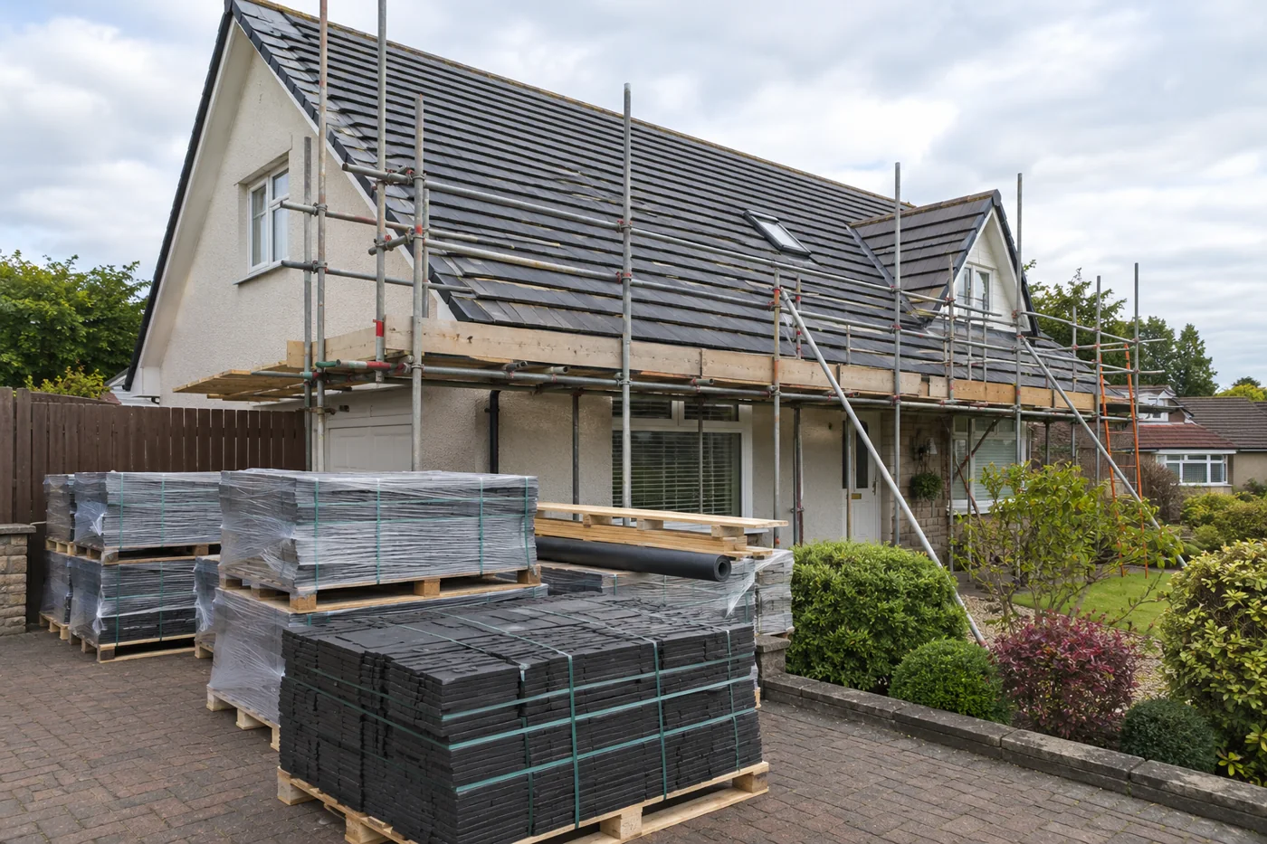 Roofing materials beside a house with guarded scaffolding