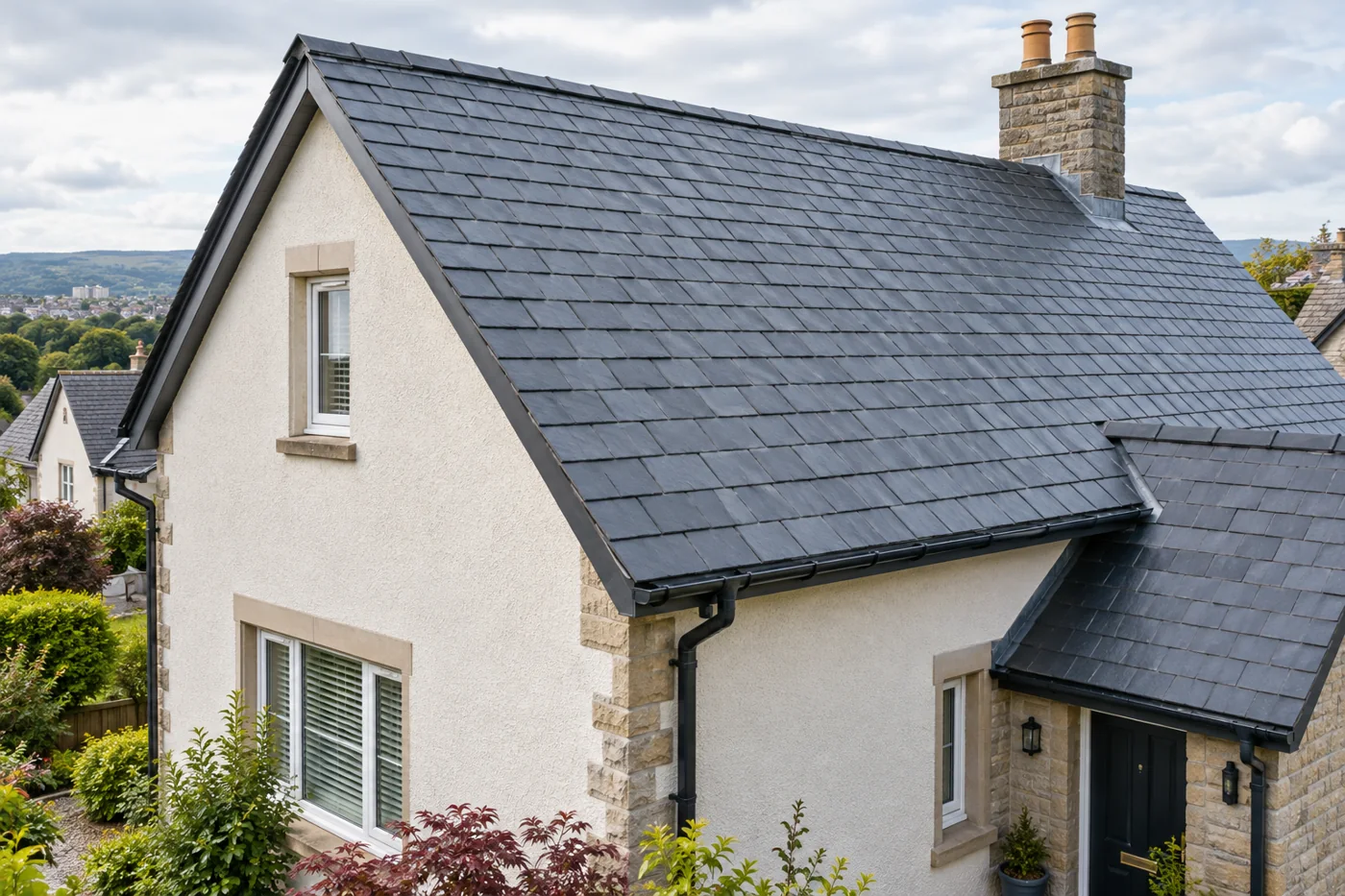 Natural slate pitched roof on a domestic house