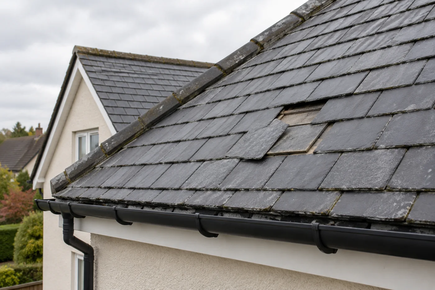 Slipped slates beside intact roof courses