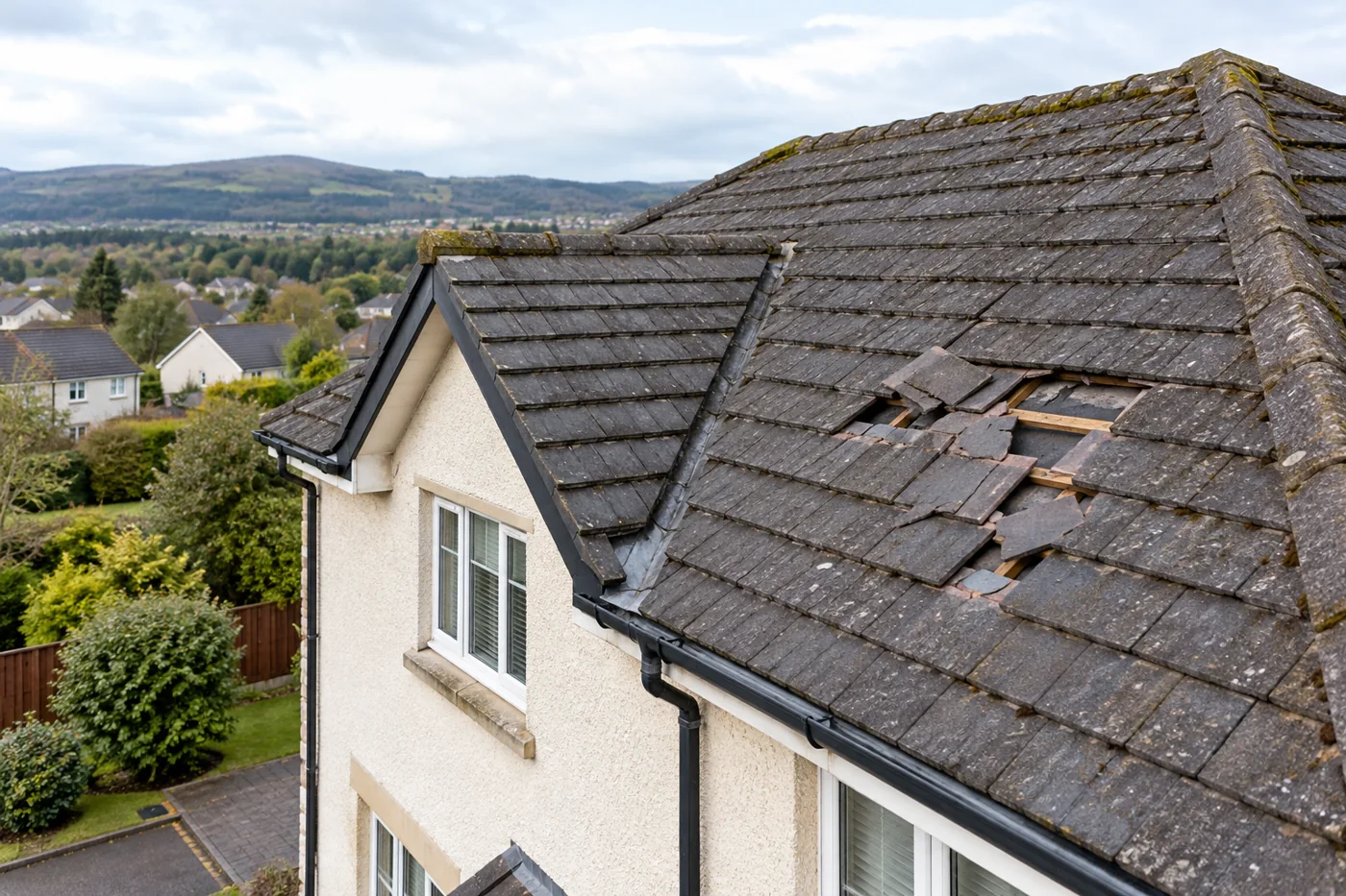 Displaced roof coverings after bad weather