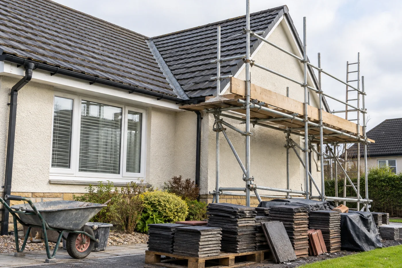 Replacement roofing materials and guarded scaffold