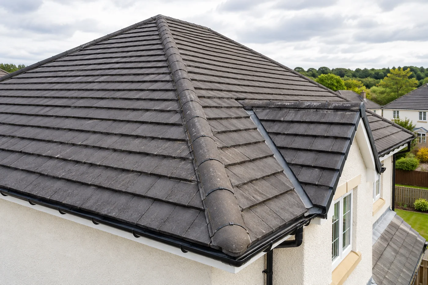 Interlocking roof tiles and ridge detail